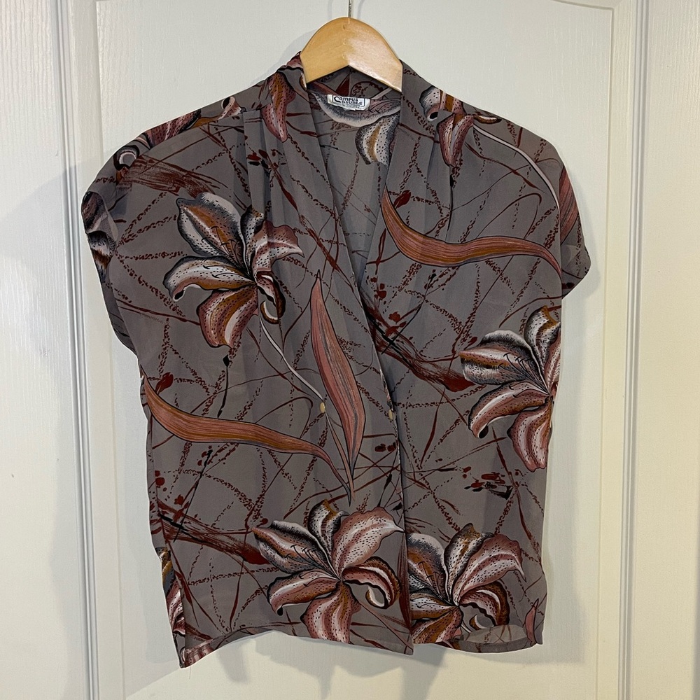 Vintage Gray Botanical Print Casual Button Down Shirt
